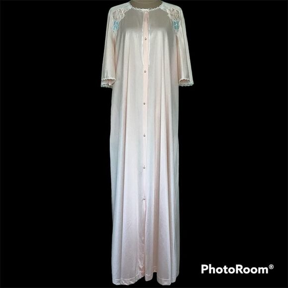Vintage Lorraine Angel Sleeve Long Nylon Robe Peignoir Silky Floral Appliqué USA - Picture 2 of 16